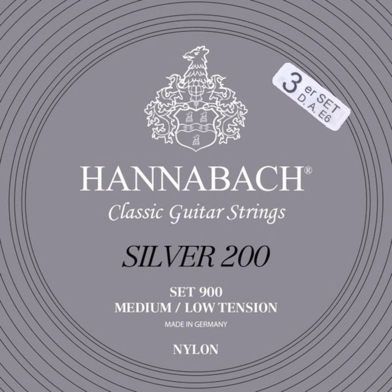 Hannabach Strings for classic guitar Series 900 Medium/Low Tension Silver 200 3er Bass med-low