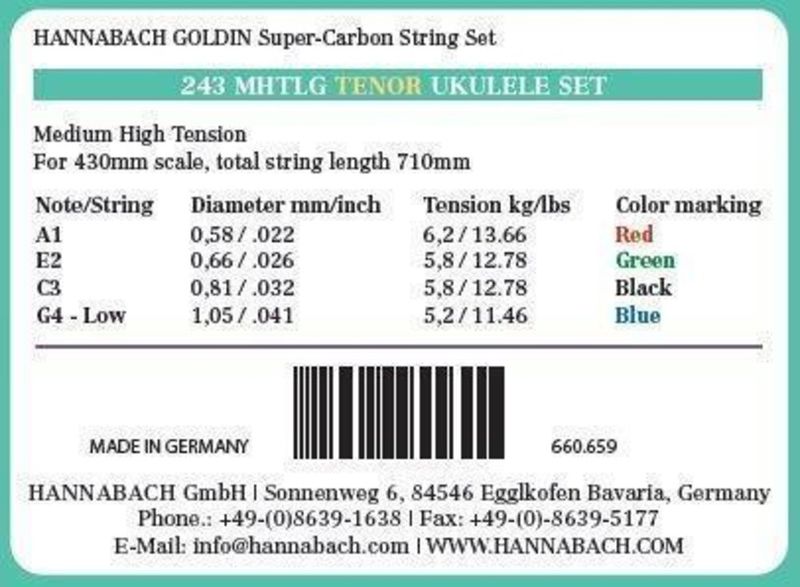 Hannabach Strings for ukulele Tenor Ukulele Goldin 243MHTLG low G Set Low G