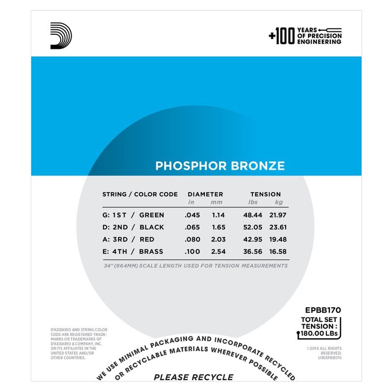 D'Addario EPBB170 Strängset Akustisk Bas Phosphor Bronze 045 - 100