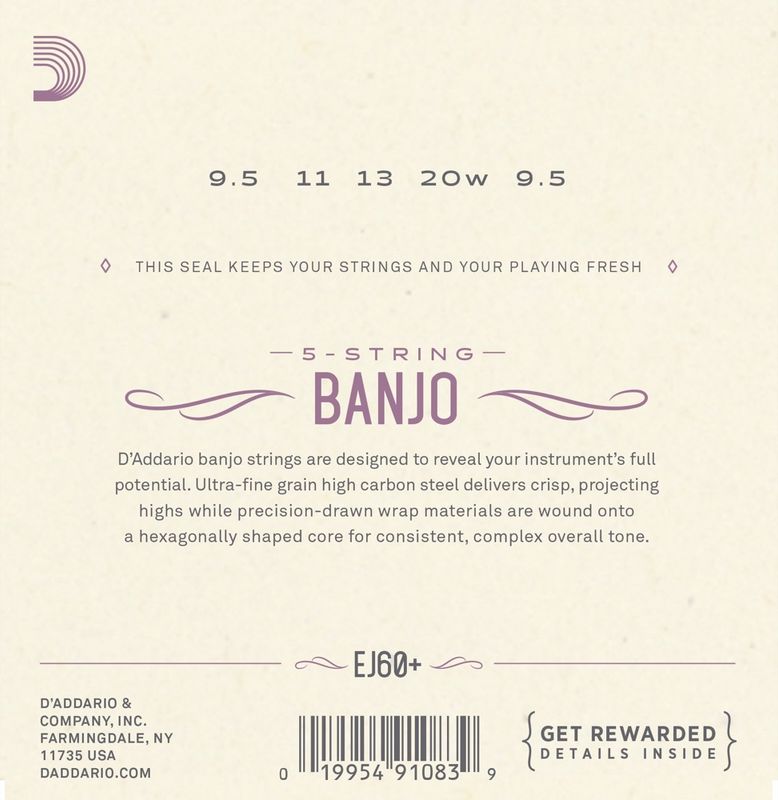 D'Addario EJ60+ Strängset 5-str. Banjo Nickel 0095-020 Light Plus