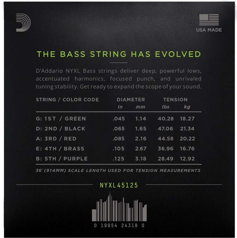 D'Addario NYXL45125 Strängset Elbas NYXL Nickel Wound 045-125 (5-str) Light Top/Med.