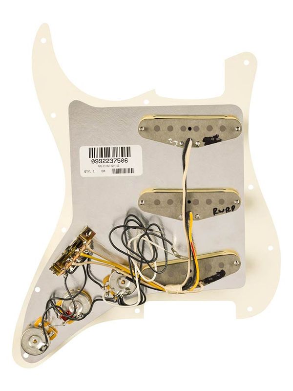 Fender Pre-wired Strat Pickguard, Pure Vintage '65 SSS w/RWRP middle, 11 screw holes, parchment