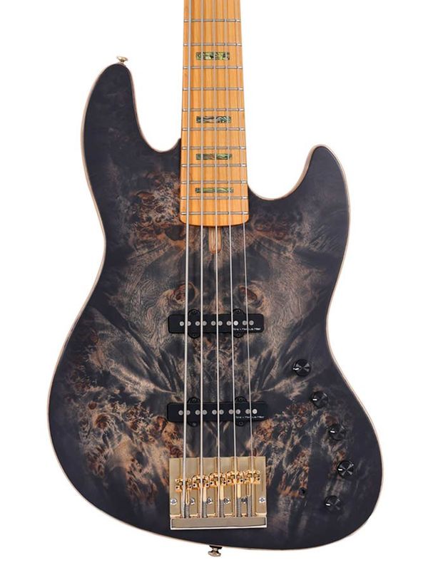 Sire V10 Series Marcus Miller swamp ash + poplar burl 5-string active bass guitar, transparent black satin, with hardcase