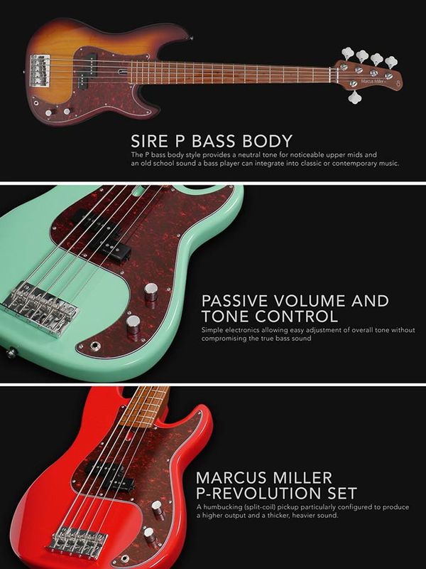 Sire P5 Series Marcus Miller Lefty Alder 5-string Passive Bass Guitar Tobacco Sunburst