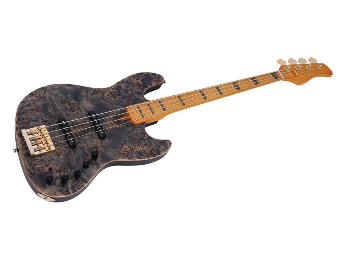 Sire V10 Series Marcus Miller swamp ash + poplar burl 4-string active bass guitar, transparent black satin, with hardcase