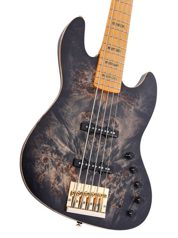 Sire V10 Series Marcus Miller swamp ash + poplar burl 5-string active bass guitar, transparent black satin, with hardcase