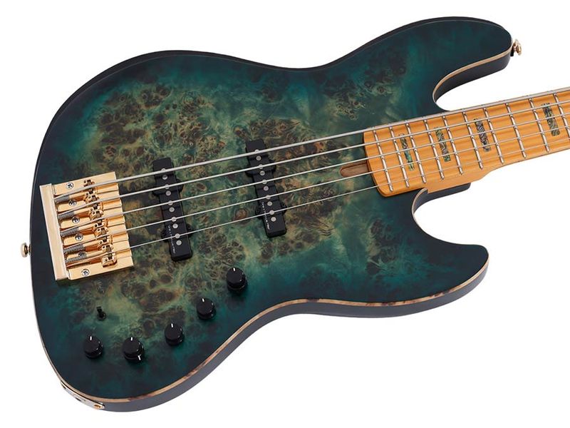 Sire V10 Series Marcus Miller swamp ash + poplar burl 5-string active bass guitar, transparent green satin, with hardcase