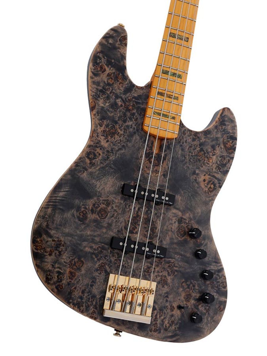 Sire V10 Series Marcus Miller swamp ash + poplar burl 4-string active bass guitar, transparent black satin, with hardcase