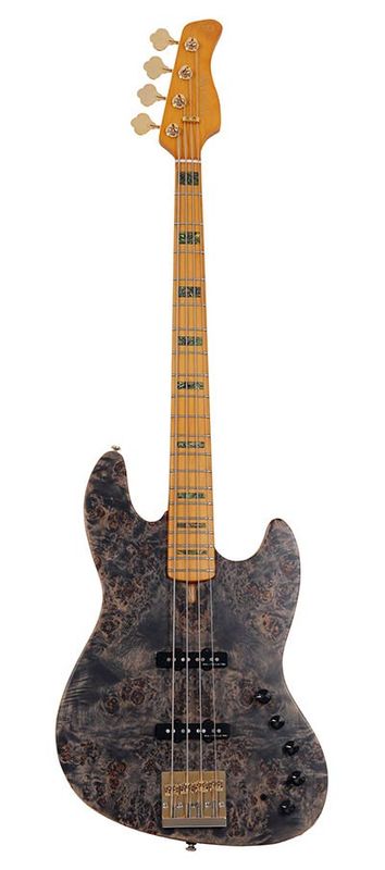 Sire V10 Series Marcus Miller swamp ash + poplar burl 4-string active bass guitar, transparent black satin, with hardcase