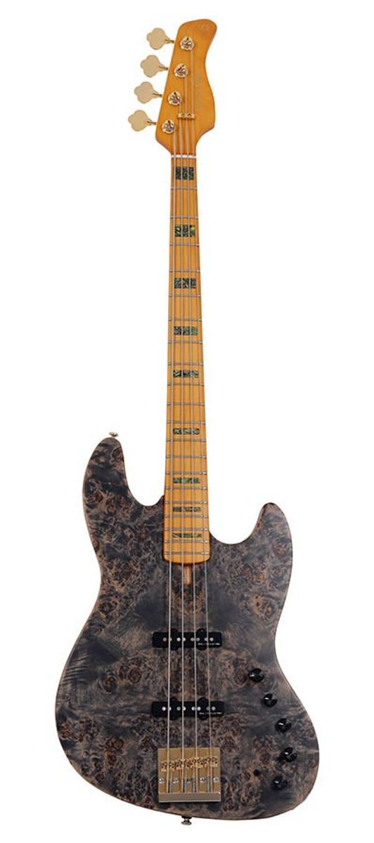 Sire V10 Series Marcus Miller swamp ash + poplar burl 4-string active bass guitar, transparent black satin, with hardcase