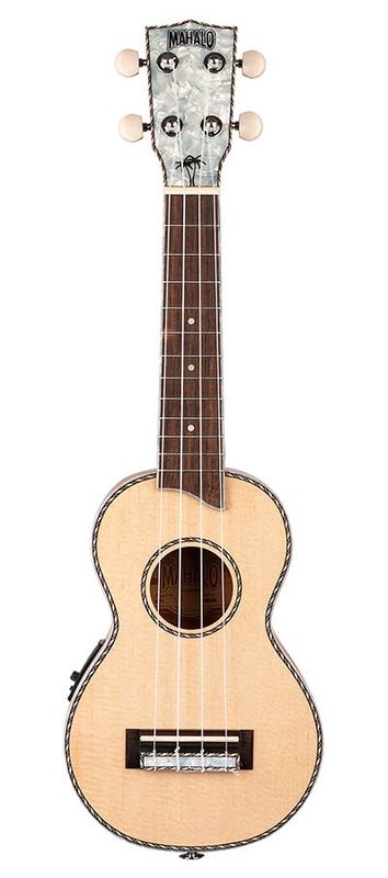 Mahalo Pearl Series, solid top soprano ukulele, with MEQ2 9v preamp, natural, with bag