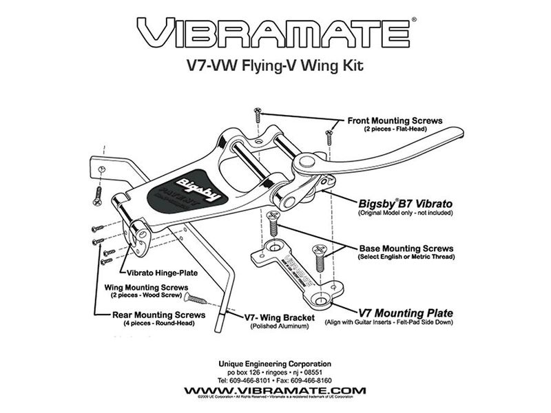 Allparts Vibramate V7-VW adapts Bigbsy® B7 to fit on Flying V® includes Bracket Nickel