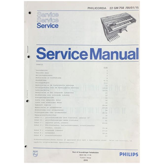 Hovedbilde Fysisk Service Manual for Philips Philicorda